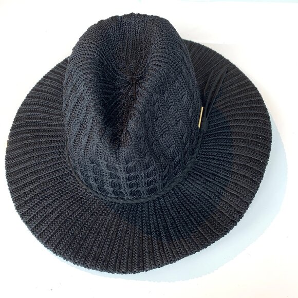 Like New, Nine West Black Ribbed Knit Packable Panama Hat, Adjustable Fit Band - Picture 1 of 4